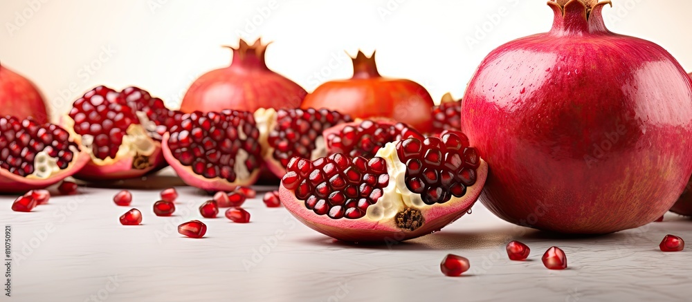 Poster copy space image of a garnet fruit punica granatum with whole pomegranates in the background isolate