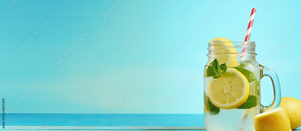 Poster A copy space image of a jar filled with lemonade garnished with a lemon slice and mint set against a refreshing blue backdrop