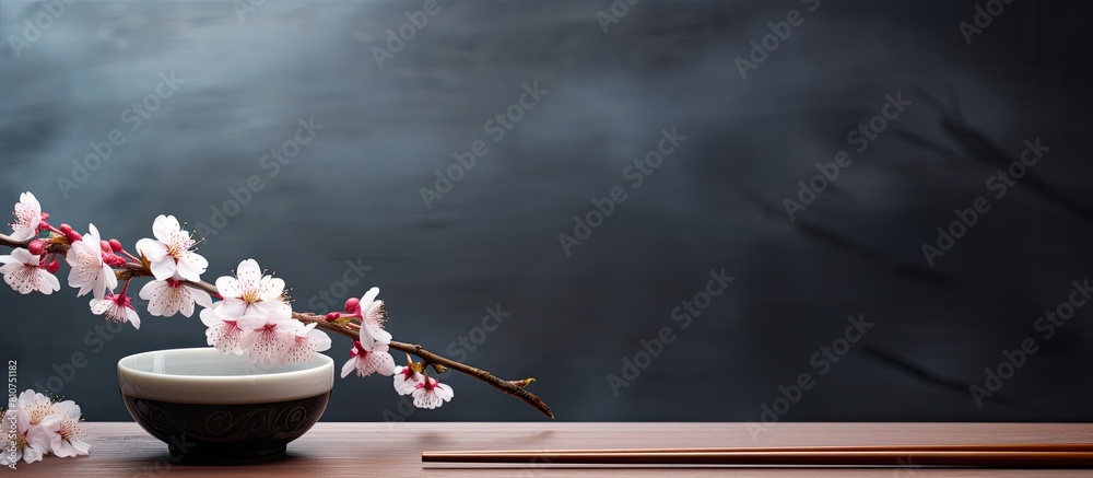 Poster a copy space image featuring chopsticks placed on a wooden table alongside a sakura bowl