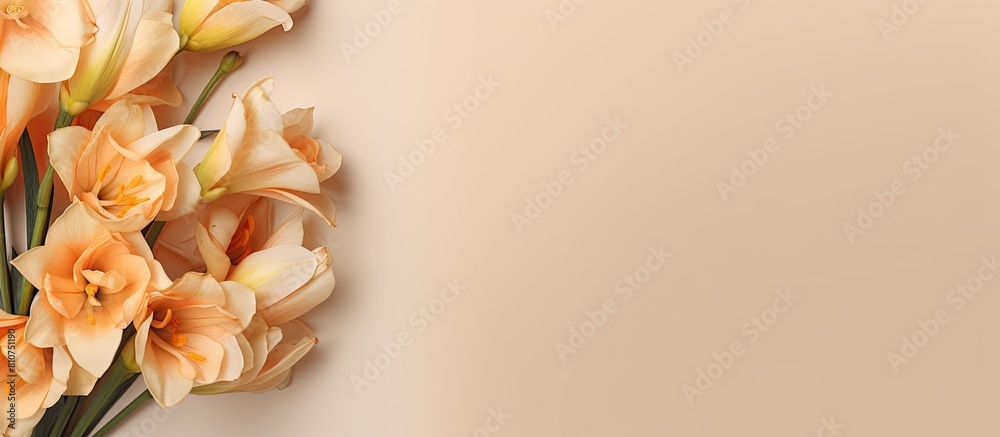 Poster banner design with a charming bouquet of freesia flowers on a beige background perfect for adding te
