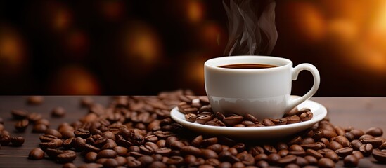 A copy space image featuring a white cup filled with coffee and surrounded by coffee beans