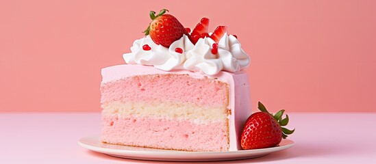 A slice of pink strawberry cake placed on a pink background with extra space for text or other images. Creative banner. Copyspace image - Powered by Adobe