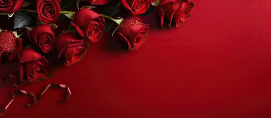 A festive copy space image featuring red roses on a crimson backdrop