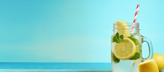 A copy space image of a jar filled with lemonade garnished with a lemon slice and mint set against a refreshing blue backdrop - Powered by Adobe