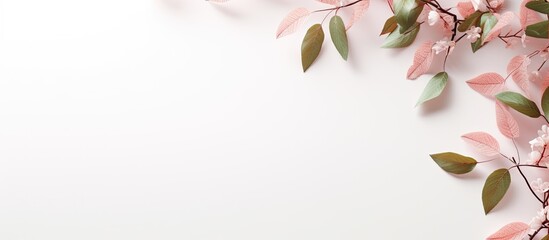 A minimalistic concept with a nature theme featuring a top down view of pastel background with tree leaves perfectly suited for copy space image