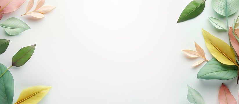 A minimalistic concept with a nature theme featuring a top down view of pastel background with tree leaves perfectly suited for copy space image