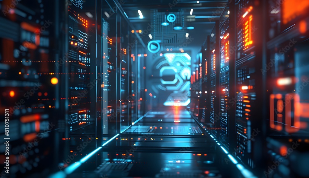 Poster digital technology background with blue and red lights, data center or computer server interface wit