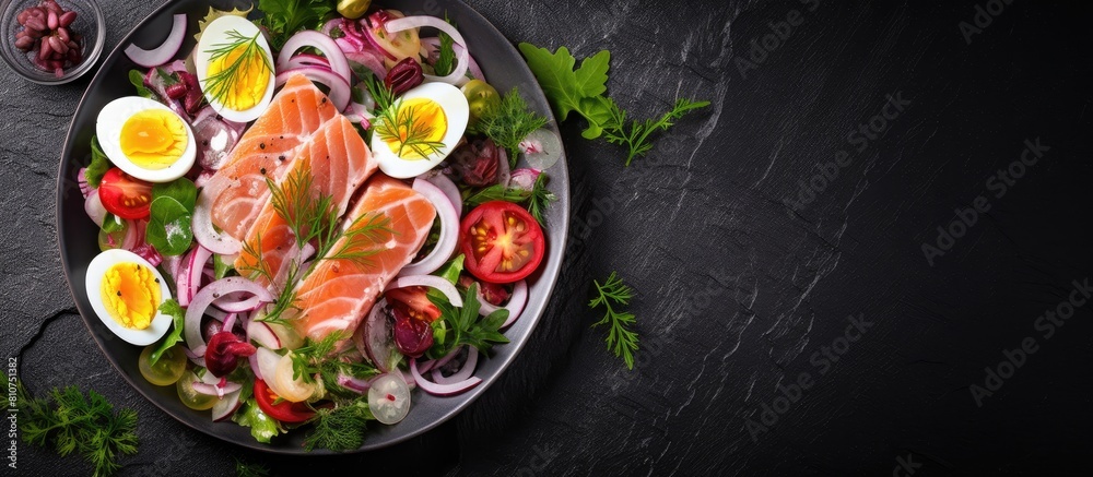Poster Scandinavian cuisine offers a classic salad made with salted herring fillet fresh apples red onion and eggs all neatly arranged in a top down view for a captivating copy space image It is a kosher di