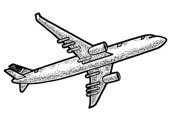 take off flying plane sketch engraving PNG illustration. T-shirt apparel print design. Scratch board imitation. Black and white hand drawn image.