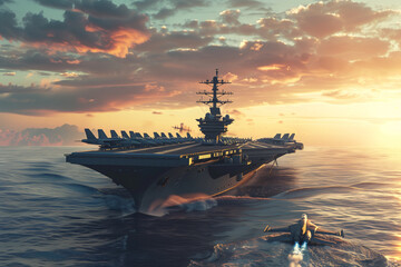 A large Navy ship is surrounded by planes and is in the middle of a battle. Scene is intense and action-packed