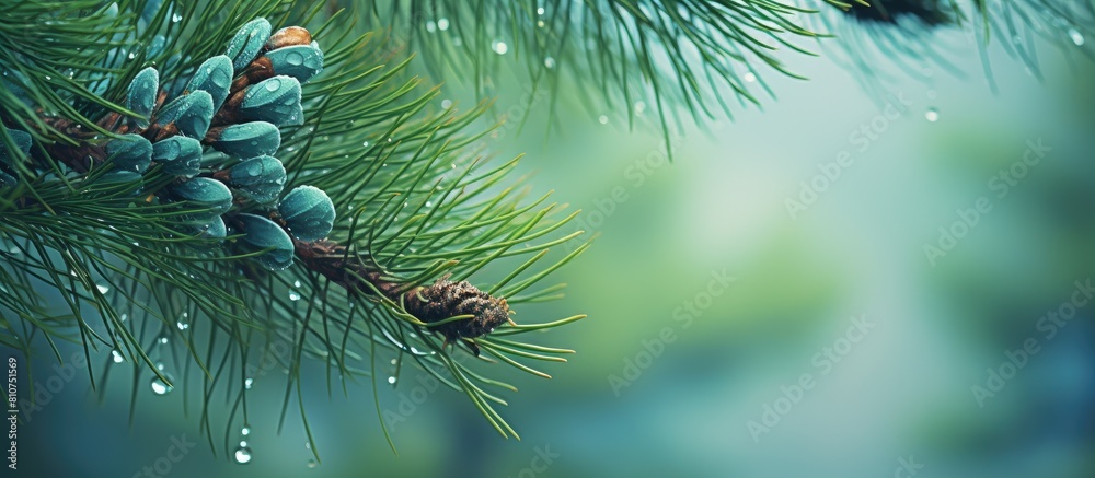 Leinwandbilder a pine tree with dew covered leaves and small cones on its branches creates an abstract nature backg
