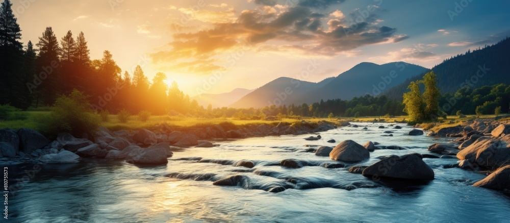 Aufkleber during the golden hour of sunset a picturesque mountain river flows providing a serene backdrop with