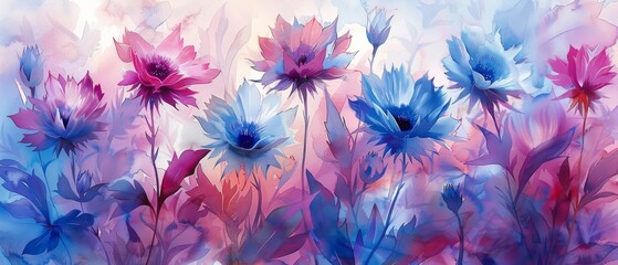 With a watercolor touch, Bachelor's Button Blooms wallpaper features spiky flowers in blue, purple, pink, and white, exuding whimsy and charm through vibrant colors and playful forms. - obrazy, fototapety, plakaty