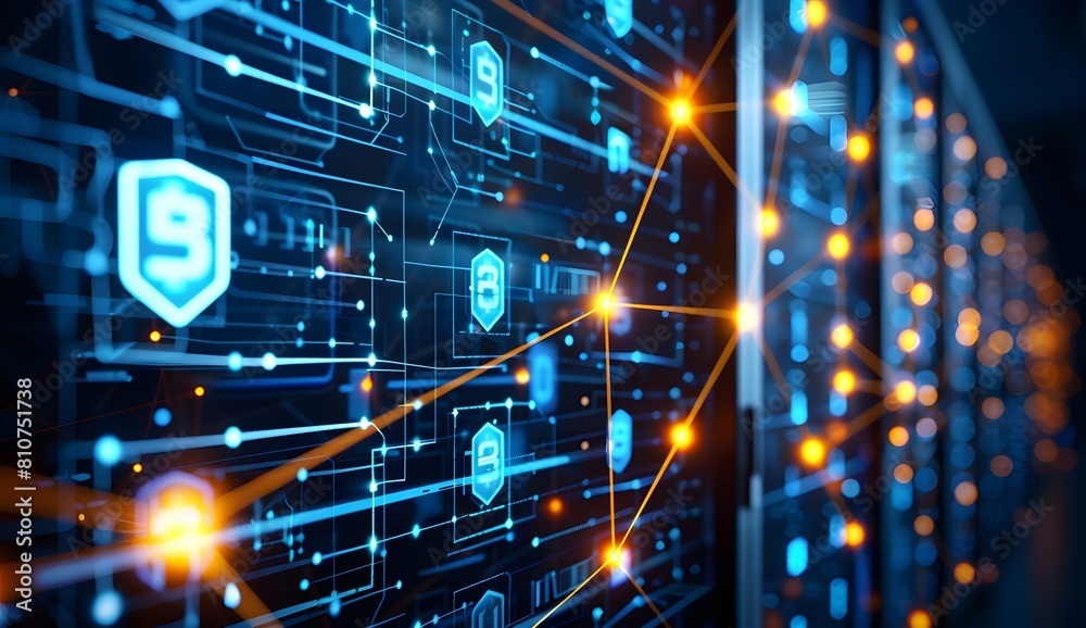 Poster digital technology background with blue and red lights, data center or computer server interface wit