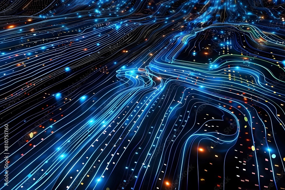 Poster digital technology background with blue and red lights, data center or computer server interface wit