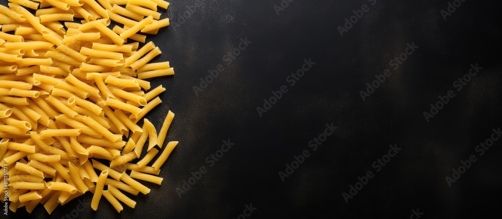 Aufkleber A set of long yellow uncooked dried pasta is arranged on a black stone background viewed from the top with ample space for text