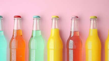 A row of six bottles of soda with different colors - obrazy, fototapety, plakaty