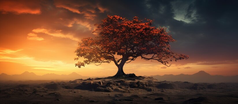 A picturesque black Afara tree against a vibrant sky providing ample copy space for images