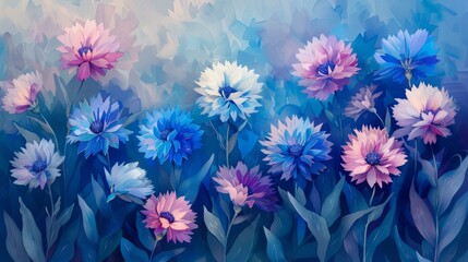 Bachelor's Button Blooms wallpaper, with its watercolor style, showcases spiky flowers in blue, purple, pink, and white, adding whimsy and charm to the scene with vibrant colors and playful forms. - obrazy, fototapety, plakaty