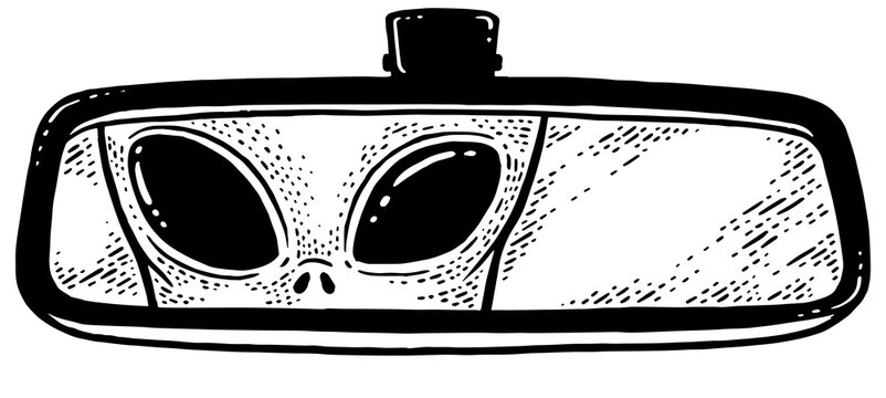 alien is reflected in car rear view mirror sketch engraving PNG illustration. T-shirt apparel print design. Scratch board imitation. Black and white hand drawn image.