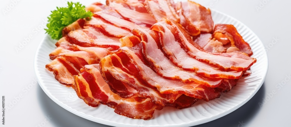 Poster A close up top view image of delicious grilled bacon chicken and pork ham arranged on a white dish with a gray tablecloth The image is isolated and has a blurred background with ample copy space