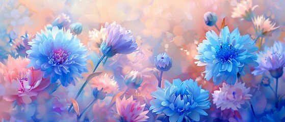 Bachelor's Button Blooms wallpaper, with its watercolor style, showcases spiky flowers in blue, purple, pink, and white, adding whimsy and charm to the scene with vibrant colors and playful forms. - obrazy, fototapety, plakaty