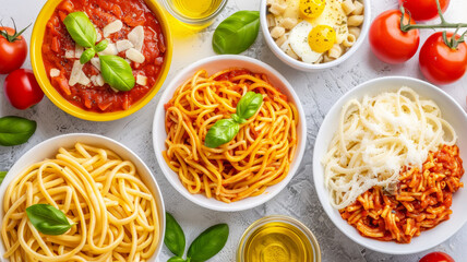 A variety of pasta dishes are laid out on a table, including spaghetti, macaroni - obrazy, fototapety, plakaty