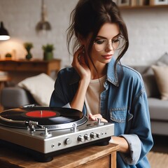 A brunette woman with eyeglasses spins a record on her turntable, enjoying the warm sound of vinyl at home. Analog music lover. generative AI