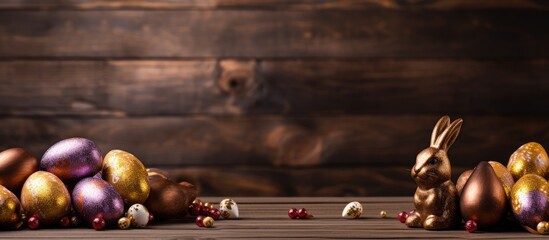 Naklejka premium A wooden background provides a copy space image for a chocolate Easter rabbit and eggs