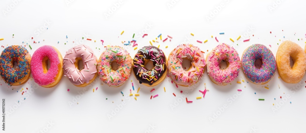 Poster a copy space image of vibrant donuts with a variety of icings colorful sprinkles and the word donuts