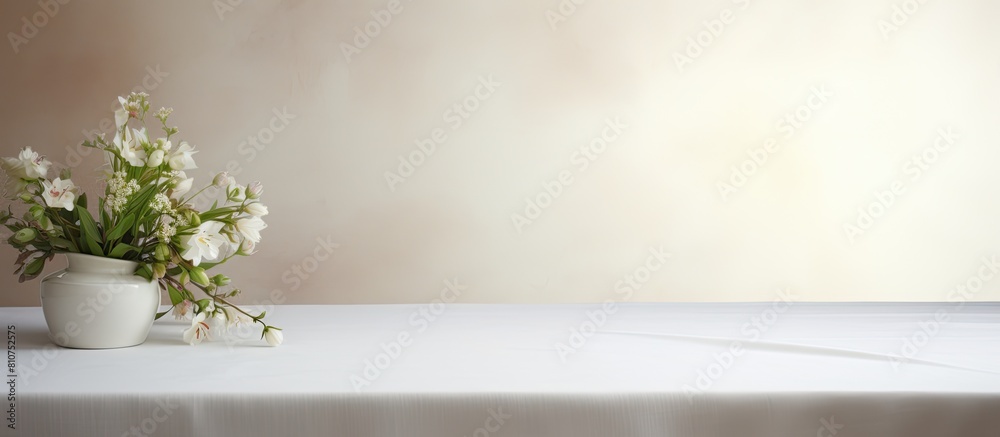 Leinwandbilder A clean white tablecloth elegantly covers a pristine wooden table creating a visually pleasing arrangement with space available for adding text or images. Creative banner. Copyspace image