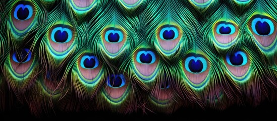 Colorful tail feathers of a peacock are being displayed creating an attractive copy space image