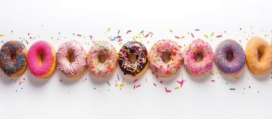 A copy space image of vibrant donuts with a variety of icings colorful sprinkles and the word donuts written on a white background