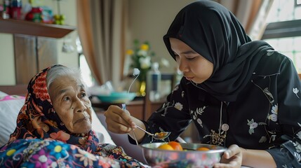 Caring young woman feeds elderly lady in bed, intergenerational support. A moment of compassion and care in a home setting. Lifestyle image. AI