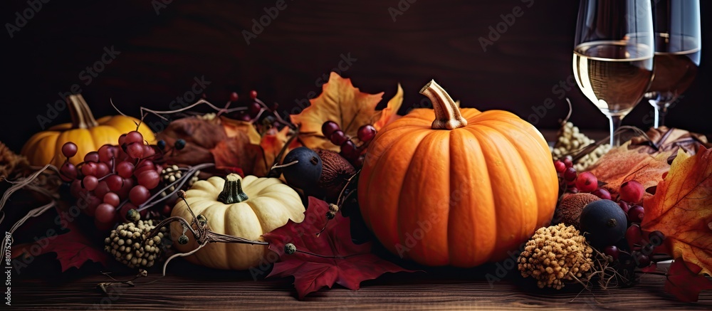 Poster Festive autumn thanksgiving table with blank menu invite card and pumpkins providing a copy space image