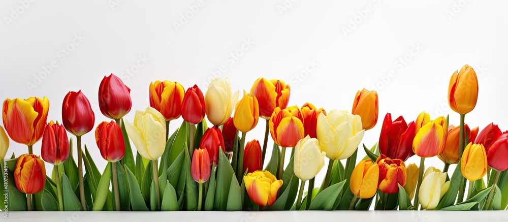 Poster a copy space image featuring a stunning collection of red and yellow tulip flowers set against a cle