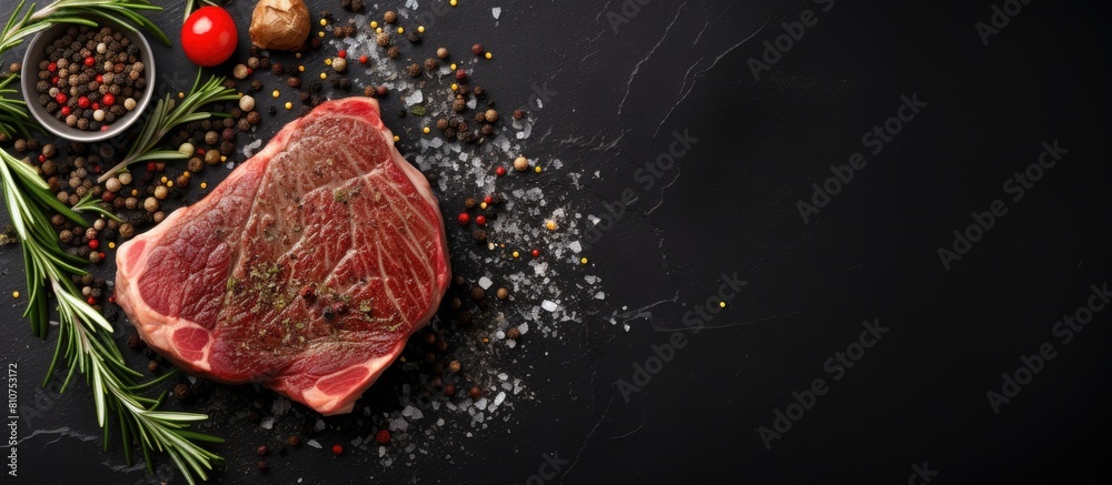 Poster top view of a delicious steak seasoned with spices and herbs served on a black stone background copy