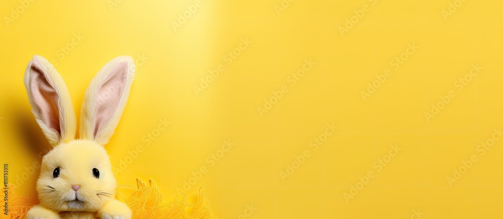 Poster a yellow velvet bunny is displayed on a yellow background with copy space image at the top and botto