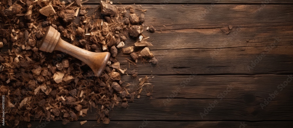 Aufkleber a top view copy space image of a weathered hammer resting on a wooden table surrounded by wood shavi