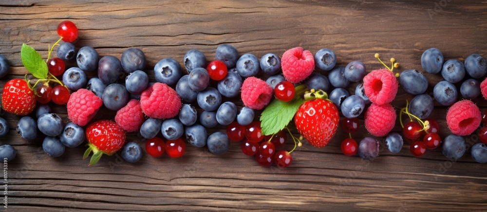 Poster A rustic wooden background serves as the backdrop for a charming arrangement of fresh berries including blueberries and raspberries creating a visually appealing copy space image