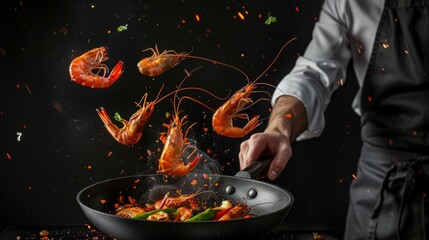 Chef cooks shrimp and asian food in a pan with steam on a black background with freeze in motion