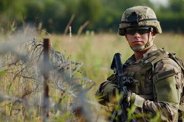 A soldier is standing in a field with a rifle. Concept of duty and readiness, as the soldier is prepared to protect and serve - obrazy, fototapety, plakaty