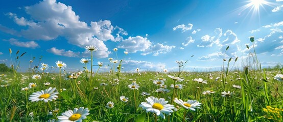 Spring summer meadow with chamomile natural colorful panoramic landscape with many wild flowers, wide banner concept
