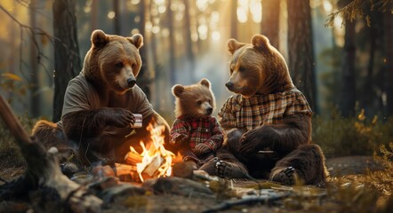Cute family of bears wearing hipster clothes are sitting near the fire in the forest on a sunny summer evening