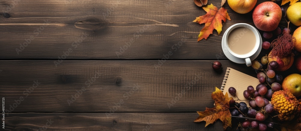 Poster Autumn still life on a wooden background featuring a girl with various items including a phone notebook pen and telephone creating a copy space image