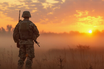 A soldier stands in a field at sunset, holding a rifle. The sky is filled with clouds, and the sun is setting in the distance. Scene is peaceful and serene, as the soldier stands alone in the field