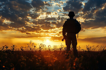 A soldier stands in a field at sunset, holding a rifle. The sky is filled with clouds, and the sun is setting in the distance. Scene is peaceful and serene, as the soldier stands alone in the field - obrazy, fototapety, plakaty