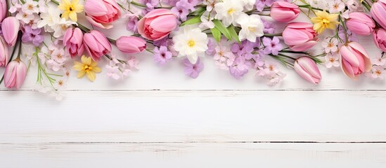 A card for Easter or spring featuring flowers on a white wooden background and room for additional images or text