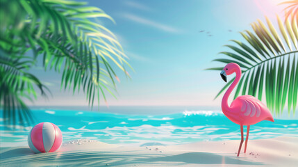 Inflatable pink flamingo toy on the tropical beach, sea banner for summer vacation background