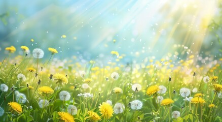 Spring summer meadow with dandelions natural colorful panoramic landscape with many wild flowers, wide banner concept